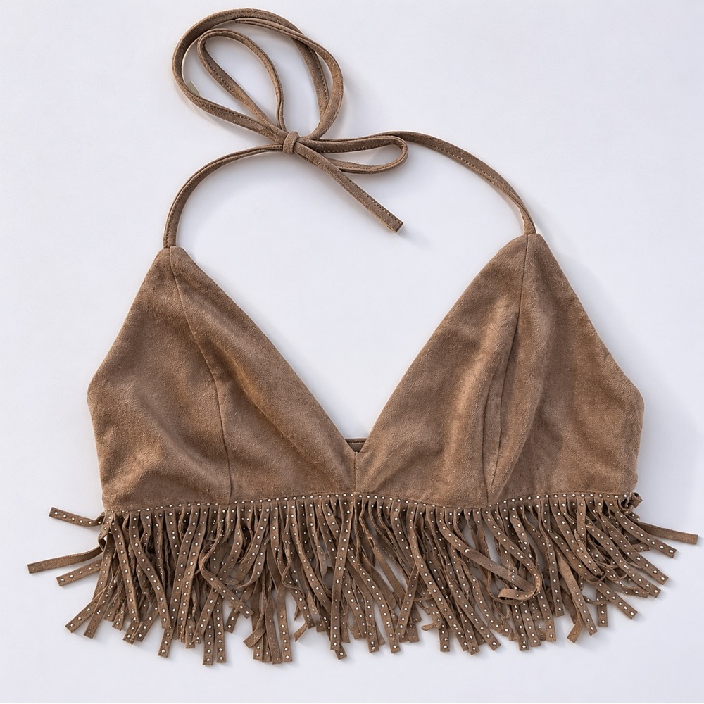 Western Boho Fringe Halter Top Studded Faux Suede Festival Crop Top Medium